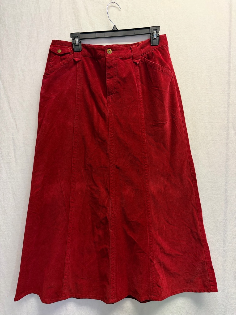 Long corduroy skirt red 90s vibes Eddie Bauer size 8 phoebe buffay